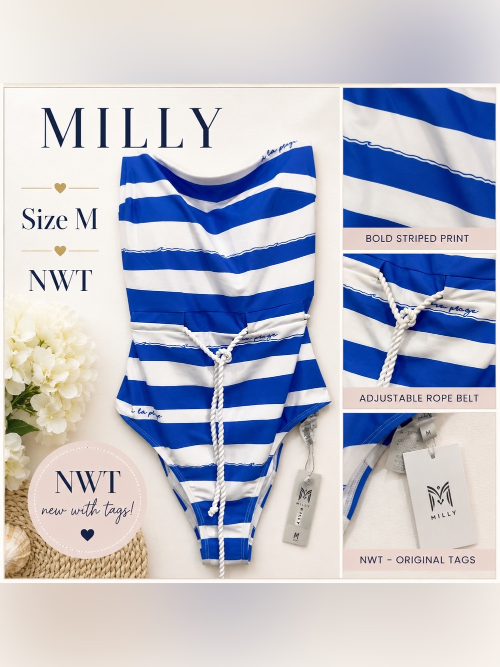 Milly Blue & White Striped One-Piece Swimsuit – Size M – NWT